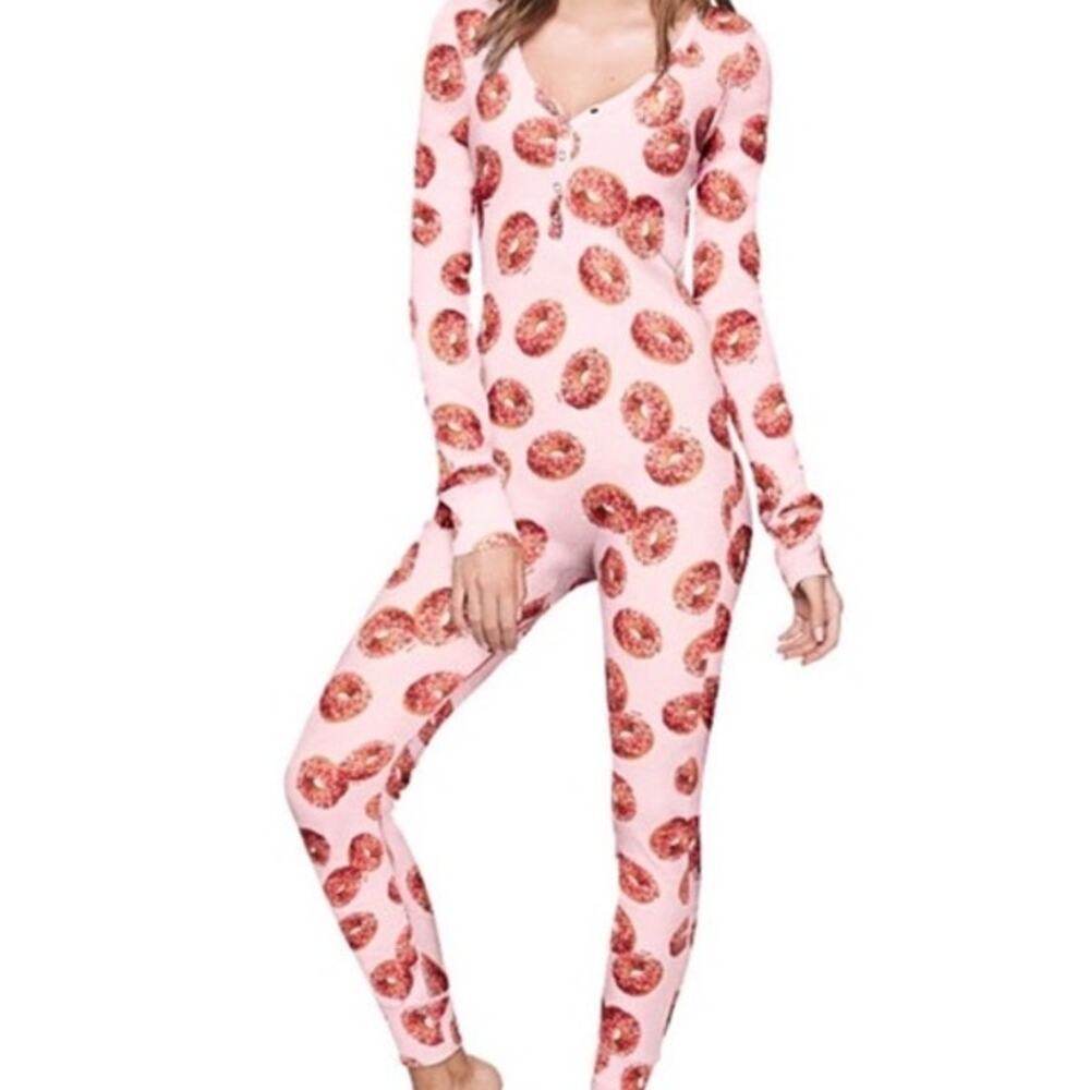 Victoria's Secret PINK cozy waffle one-piece pajama donuts snap button butt rare